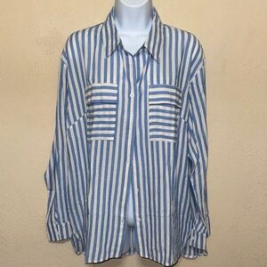 Casual Blue & White Striped Button-Down Shirt perfect beach coverup